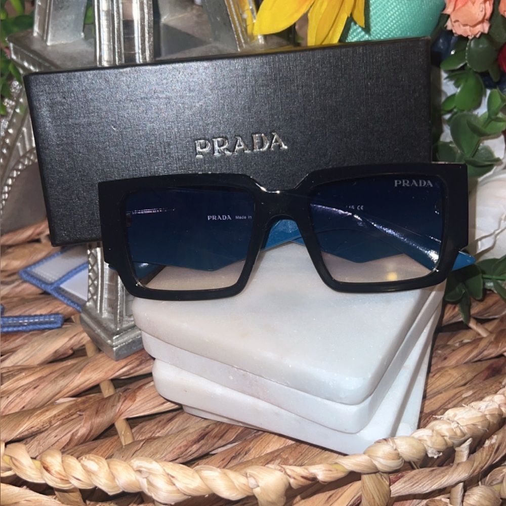 Prada Black Frame Sunglasses with Blue Lenses
